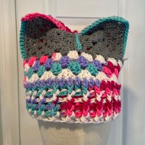Handmade Crochet Cat Animal Ear Beanie Hat Cozy Ribbed Brim Stretch Winter Hat